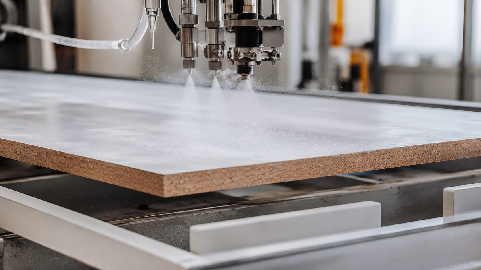 پاشش چسب وکیوم ممبران روی MDF در خط تولید روکش PVC